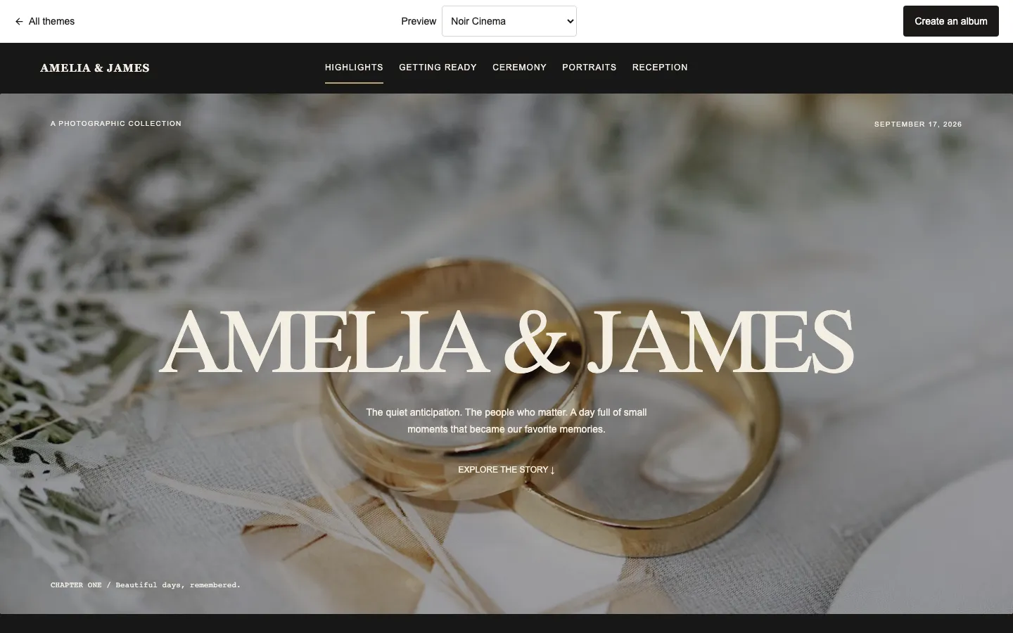 A wedding gallery in Rêver's Noir Cinema theme