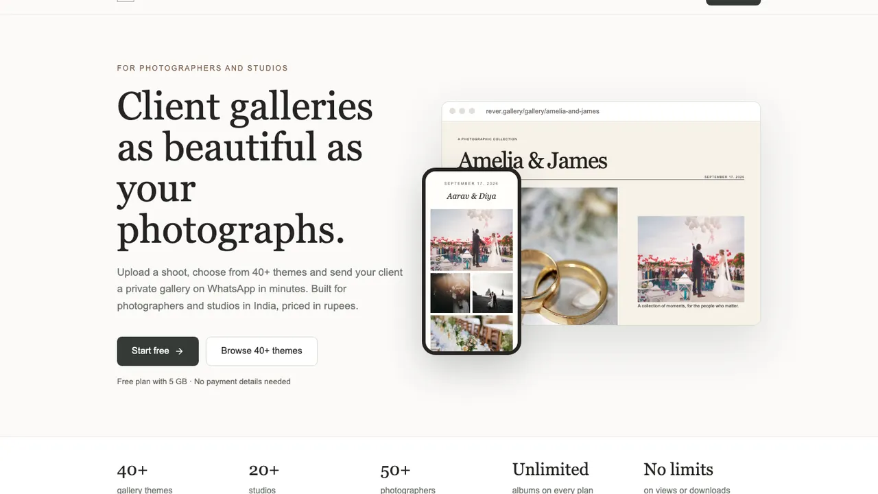 Rêver Studio home page showing a client gallery on desktop and phone